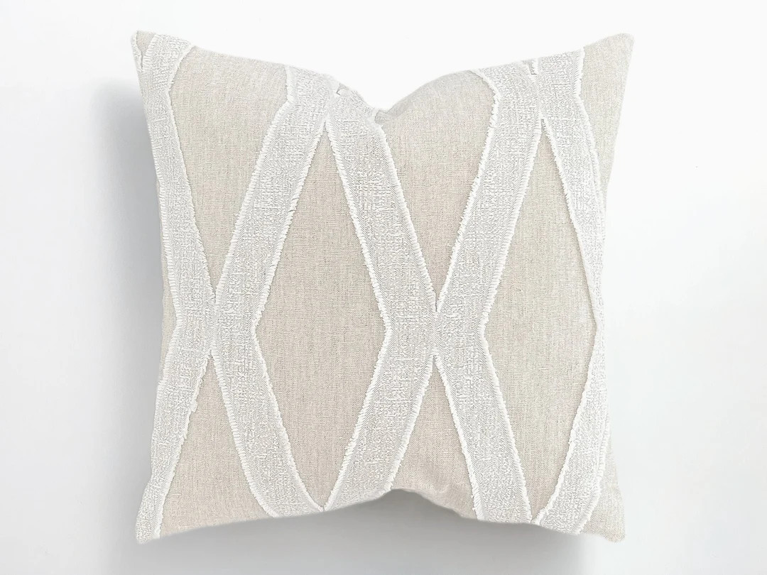 Linen & White Diamond Stitch Throw Pillow - Etsy | Etsy (US)