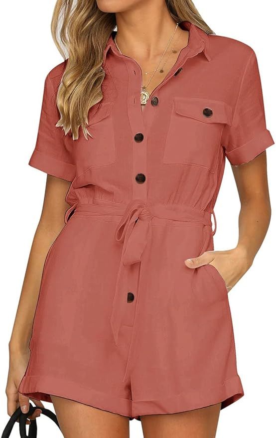 Vetinee Womens Summer Pockets Belted Romper Button Short Sleeve Jumpsuit Playsuit | Amazon (US)