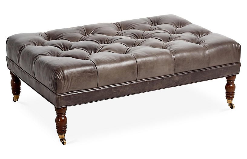 Anna Cocktail Ottoman, Charcoal Leather | One Kings Lane