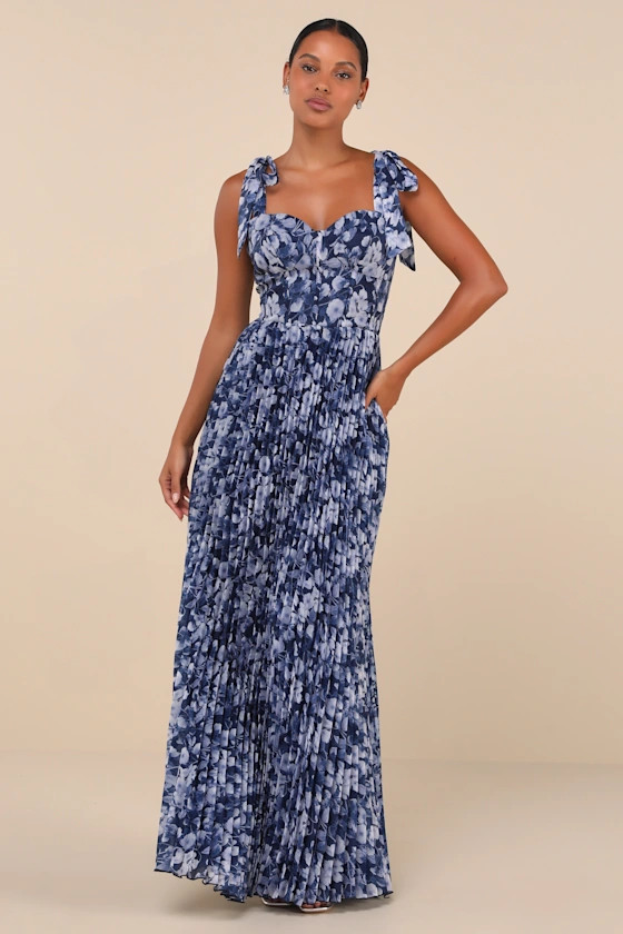 Illustrious Aura Navy Blue Floral Bustier Tie-Strap Maxi Dress | Lulus