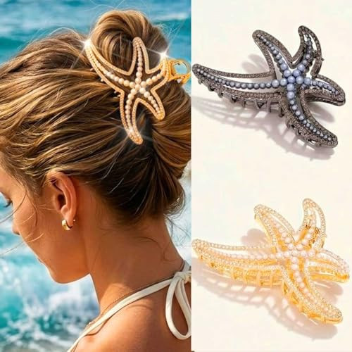 Pecieco Gold Starfish Metal Claw Clips Large Hair Clips for Thick Hair Beach Summer Hair Accessories for Women (2 Pack) | Amazon (US)