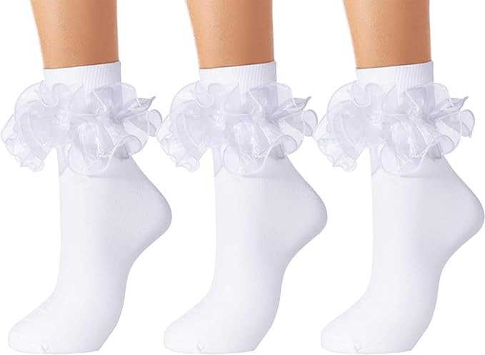 Big Ruffle Socks Women, Cotton Comfort Ankle Ribbed Turn-Cuff Double Lace Cute Frilly Crew Socks | Amazon (US)