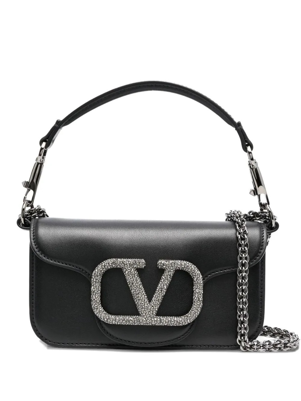 Valentino Garavani Valentino Garavani Locó small shoulder bag in calfskin with VLogo Signature element covered with Swarovski® crystals - Black | Farfetch Global
