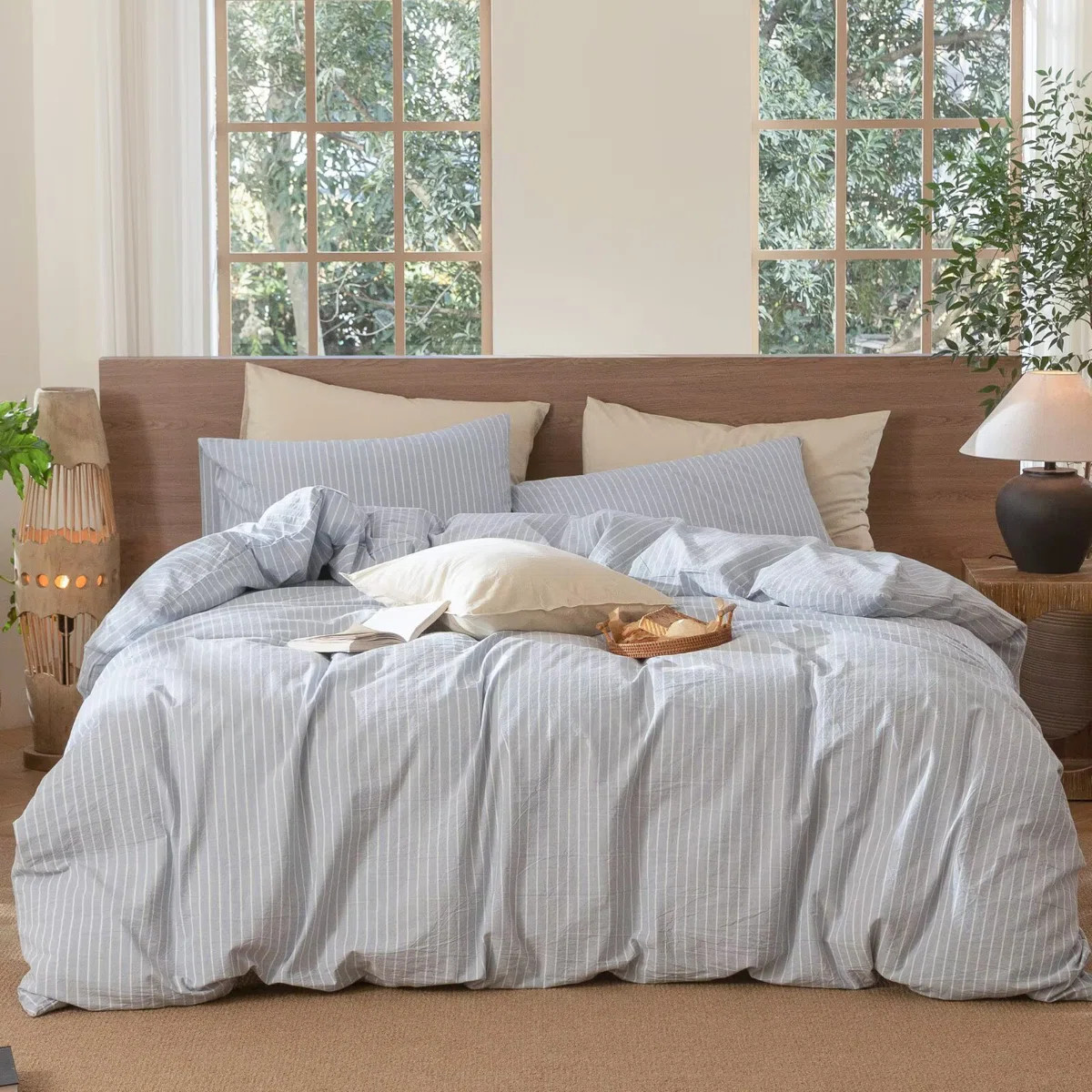 MooMee Striped Duvet Cover Set 100% Washed Cotton Linen Like Textured | Wayfair North America