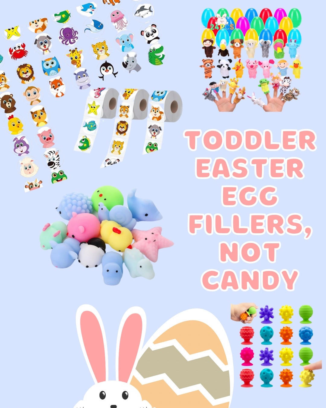 Easter Egg Fillers that aren’t candy: individual stickers, animal squishies, finger puppets, suction toys 

#ToddlerEaster #EasterEggFillers 

#LTKFamily #LTKKids #LTKSeasonal