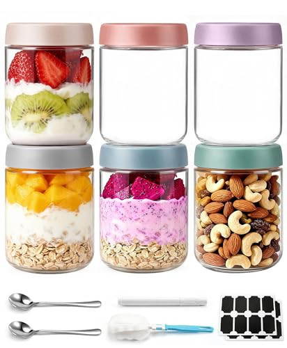 6 pack 16 oz Overnight Oats Containers with Lids and Spoons Glass Jars with Airtight Lids: Wide Mouth Mason Salad Jars, Leakproof and Reusable Glass Food Storage Container for Yogurt Snacks Spice | Amazon (US)