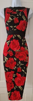 Womens Pretty Dress Company Black Red Floral Rose 50s Evening Bodycon Dress 8.  | eBay | eBay UK