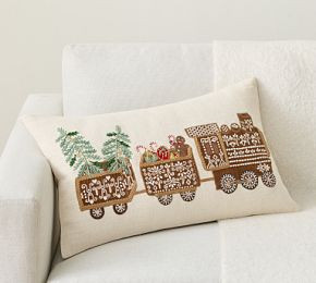 Gingerbread Train Embroidered Lumbar Pillow Cover | Pottery Barn CA