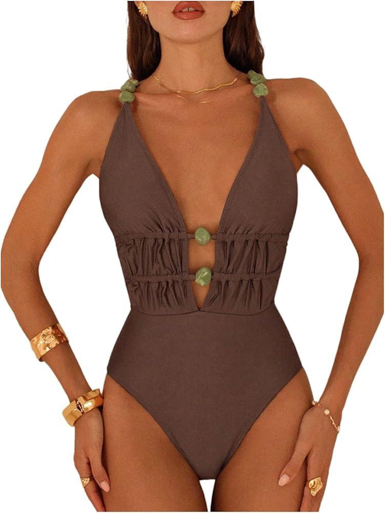 SHENHE Women's One Piece Swimsuit Criss Cross Backless Beaded Deep V Neck Plunge Bathing Suit | Amazon (US)