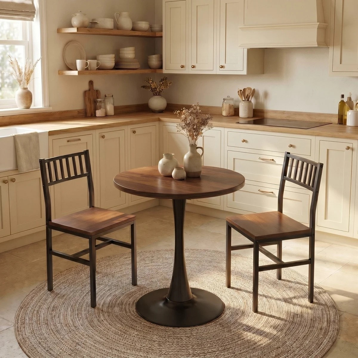 This 3-piece dining set from Wayfair is such a good small-space find at $134.99. I love the round walnut-tone table with its black pedestal base, paired with two matching slat-back chairs with wood seats and black metal frames. Styled over a round neutral woven rug, it would be perfect for a breakfast nook, apartment kitchen, or cozy dining corner.