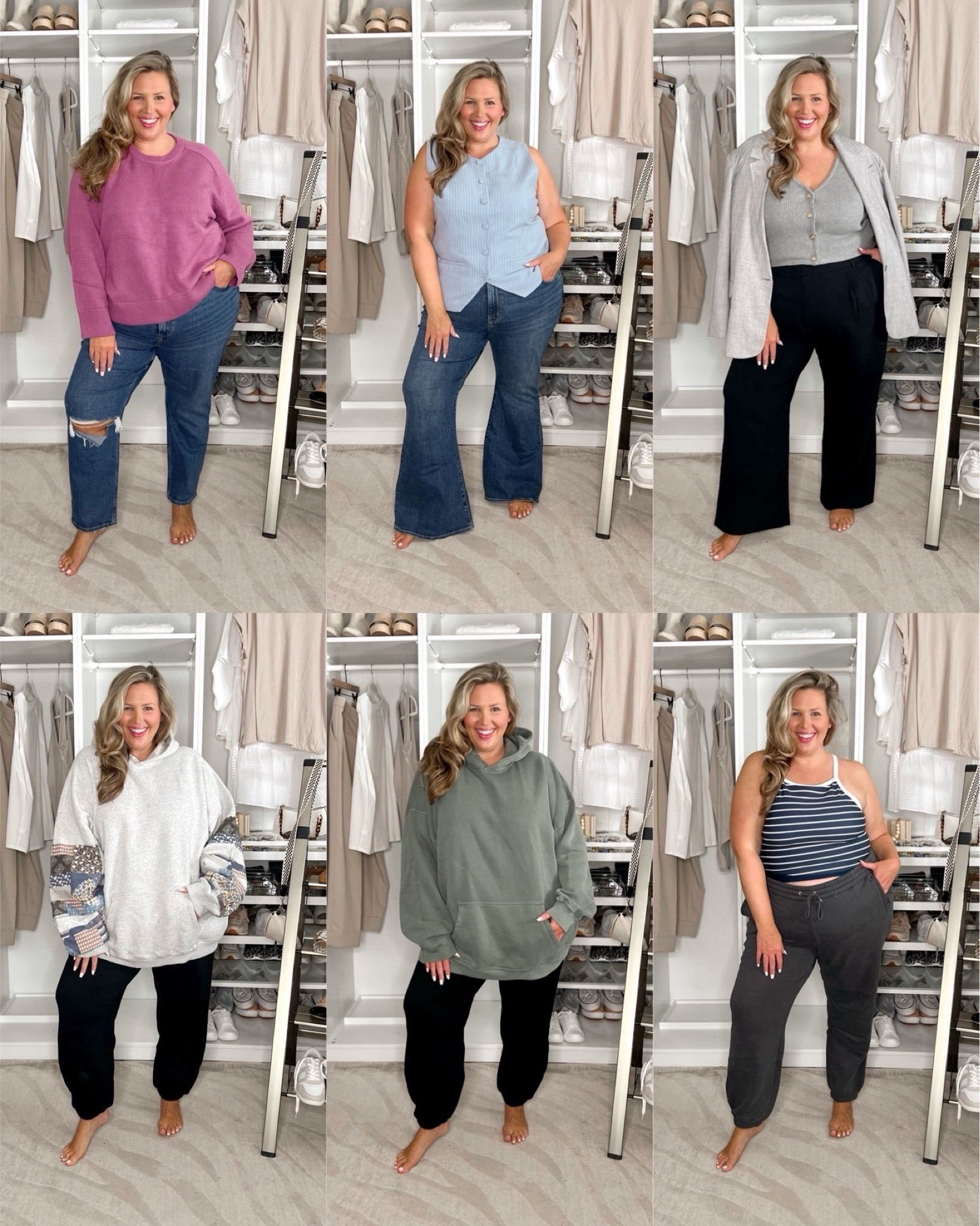 Abercrombie haul on my plus size 18/20/2X body! 
1. These jeans are ankle straight high rise and I love them! Size up 2 - I’m wearing the 36 (22). Love this sweater for winter! XXL 
2. In love with these high rise flares! Size up two, I’m in the 36(22)! This button up vest top is cool! It fits great in the XXL 
3. Obsessed with these trousers and they fit amazing! Size up two if you have a belly, I’m in the 36(22)! This sweater vest is an XL and it fits like a glove! This blazer is beautiful and has stretch! It’s the xxl and honestly a perfect fit! 
4+5. These hoodies are my all time fave! I always get them in tall and these are the XXXL! I love wearing them with leggings or bike shorts! Tried these YPB joggers and am in love- perfect for travel! Wearing XXL, true to size! 
6. This sculpt top is kind of amazing! It’s a super supportive crop top bra basically! Loved throwing it with these incredibly comfy sweatpants. Wearing XXL in both! 