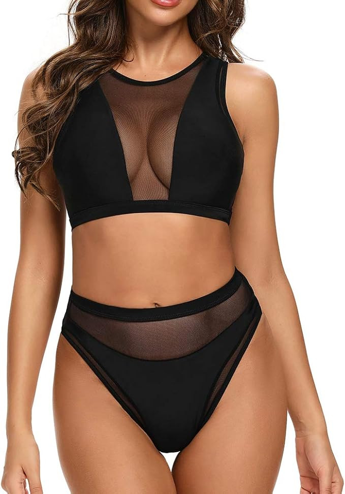 Dixperfect Women's Mesh Bikini Sets High Waisted Beach Swimwear Crop Top Bathing Suit | Amazon (US)
