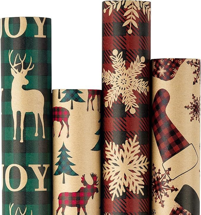 RUSPEPA Christmas Wrapping Paper, Kraft Paper - Red and Green Plaids Style Designs - 4 Rolls - 30... | Amazon (US)