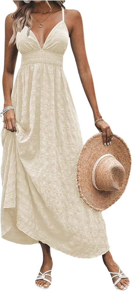 Milumia Women's Summer V Neck Backless Maxi Dress Boho Spaghetti Strap A Line Flowy Beach Long Su... | Amazon (US)