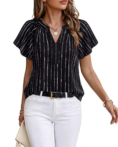 Timeson Womens Short Sleeve Blouses: Office Work Business Attire Black Blouse for Women Dressy Casual Chiffon Wrinkle Free Interview Career Clothes Women Summer Tops Professional Outfit Funeral L | Amazon (US)