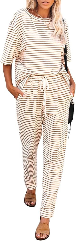 MITILLY Women's Striped 2 Piece Outfits Crewneck Pullover Tops and Long Pants Sweatsuit Loungewea... | Amazon (US)