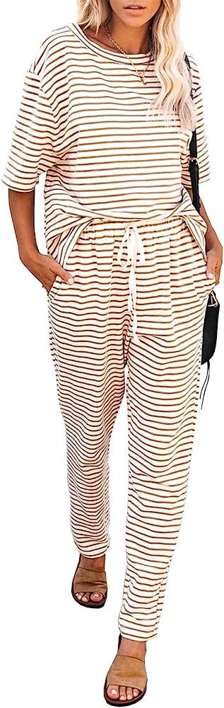 MITILLY Women's Striped 2 Piece Outfits Crewneck Pullover Tops and Long Pants Sweatsuit Loungewea... | Amazon (US)