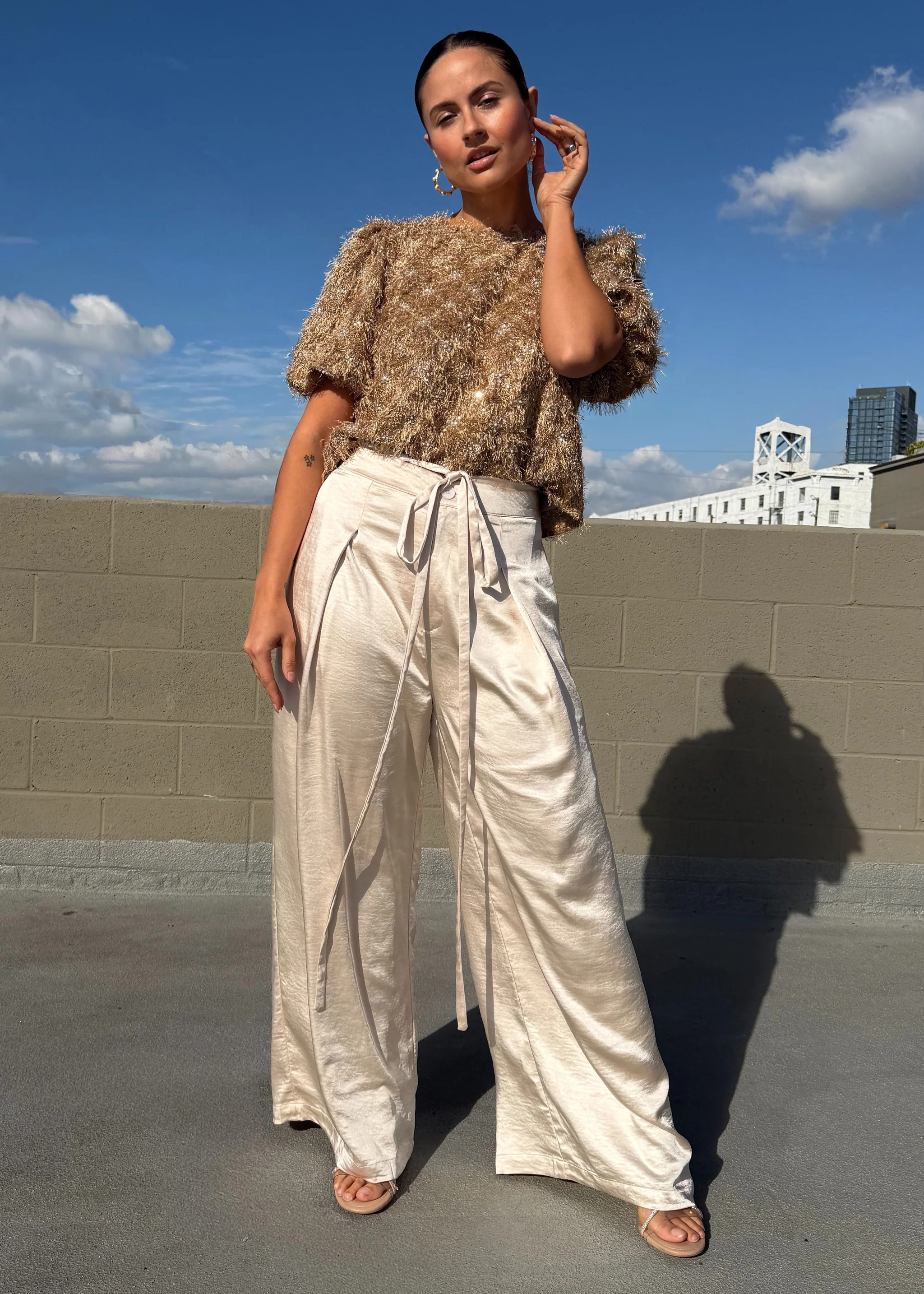 Bryant Satin Wide-leg Pants With Front Pintuck Design - Champagne | Benaar La