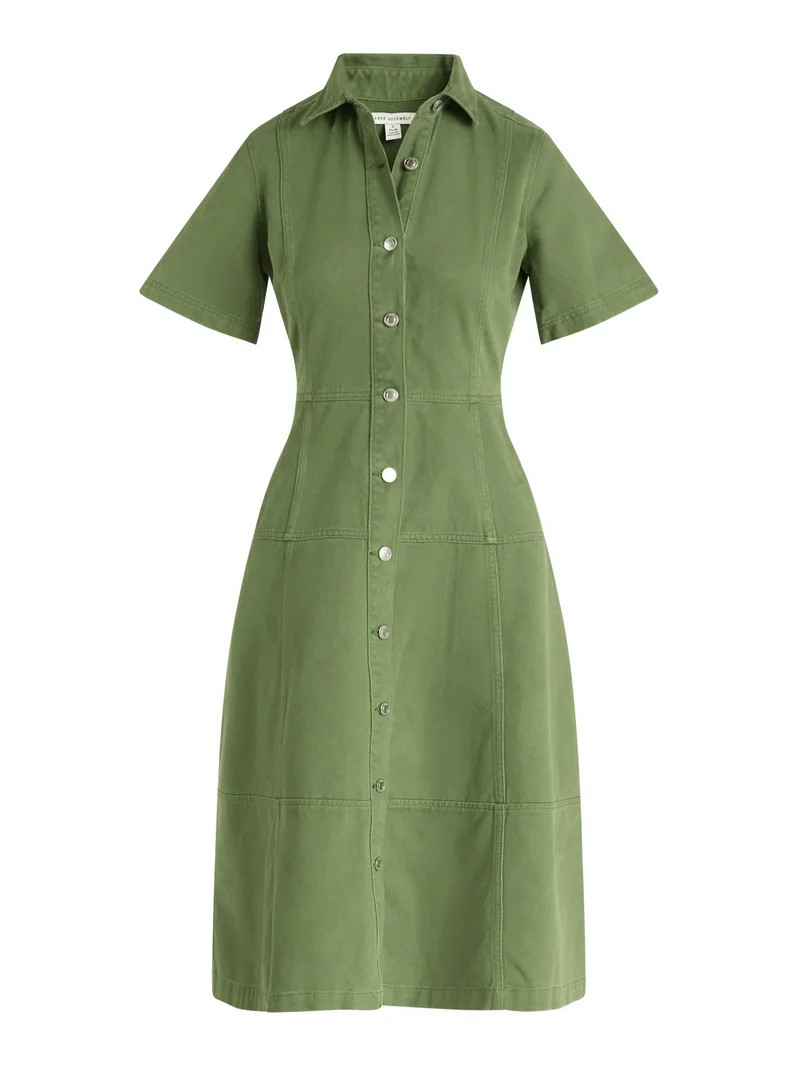 Free Assembly Women's Button Front Cotton Midi Dress with Short Sleeves, XS-XXL - Walmart.com | Walmart (US)