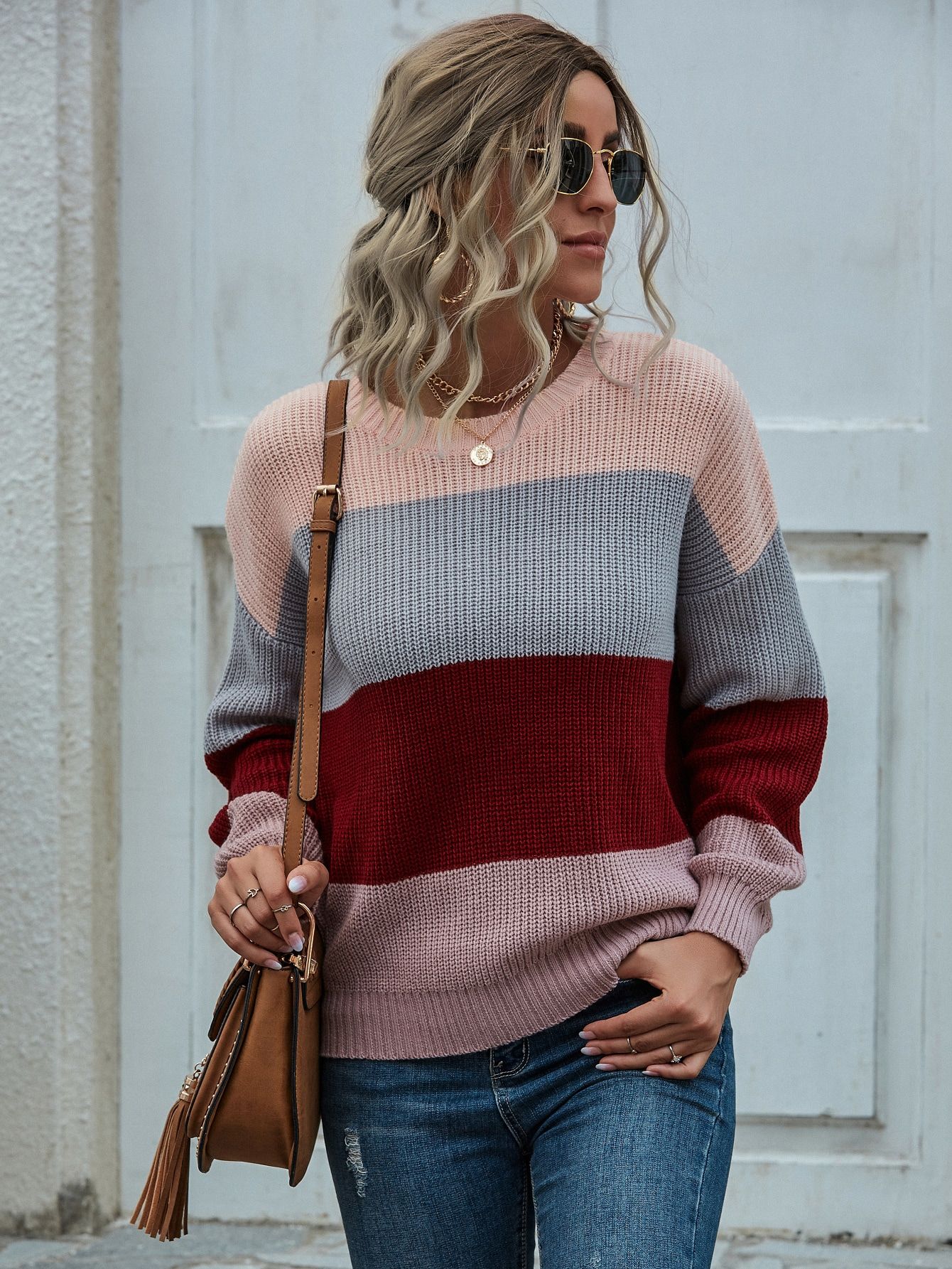 Ribbed Colorblock Drop Shoulder Sweater | SHEIN