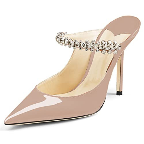 Jimishow Nude Heeled Mules for Women Rhinestone Mule Heels 4” Pointy Closed Toe Slip on Bridal Mule Sandals Size 5 | Amazon (US)