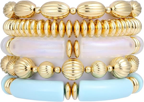RISHEGAE Chunky Bangle Bracelets for Women Stackable Resin Bamboo Tube Bracelet Stretch Gold Bead... | Amazon (US)
