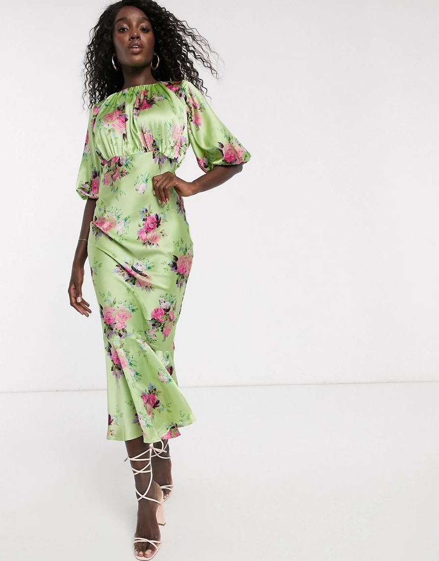 ASOS DESIGN satin bias midi dress with puff sleeves in bright floral print-Multi | ASOS (Global)
