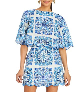 Charlize Printed Boat Neck Elbow Sleeve Coordinating Scallop Top | Dillard's