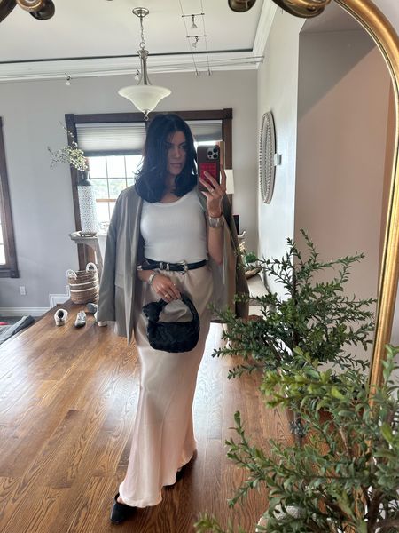 Satin maxi skirt outfit of the night 
An outfit made of staples! The skirt is on sale currently. I’m wearing a small. Shoes are TTS (also linked similar)


#LTKstyletip #LTKfindsunder100 #LTKsalealert