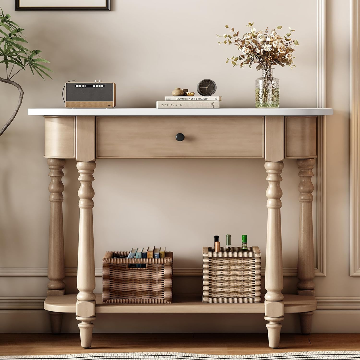 Amposei Small Curved Console Table 36-Inch Retro Farmhouse Wood Entry Sofa Table with Drawer & St... | Amazon (US)