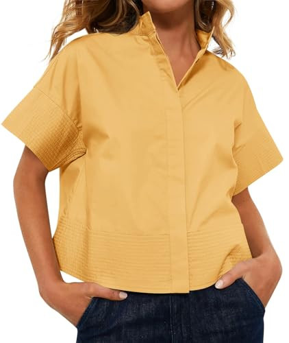 Cicy Bell Womens Cropped Short Sleeve Button Down Shirts Pleated Summer Dressy Casual Blouse Stand Collar Loose Fit Tops Light Yellow | Amazon (US)