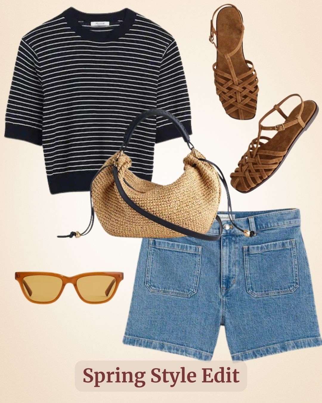 Madewell insiders 25% off! Vacay Ready! - crewneck short sleeve sweater, high-rise denim shorts, paired with accessories- woven bag, comfort Madewell cloudlift light sandals, and sunglasses. Effortless style and ready to go! 

#LTKSaleAlert #LTKTravel #LTKootd