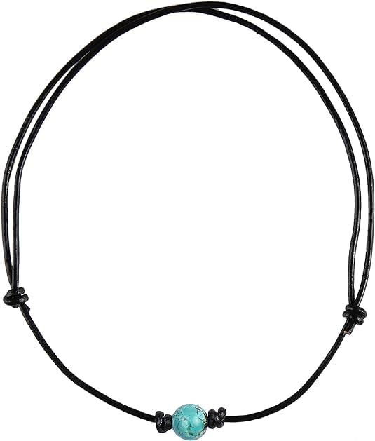 Single Turquoise Choker Necklace on Black Leather Cord for Men/Women | Amazon (US)