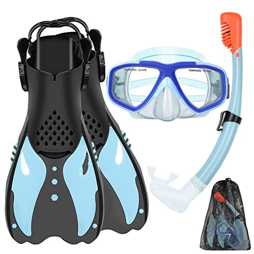 KUYOU Youth Snorkel Set for Ages 7-16, Snorkeling Gear for Kids with Panoramic View Diving Mask Anti-Fog Anti-Leak, Full Dry Top Snorkel, Fins and Travel Bag for Swimming, Snorkeling (Sea Sky Blue) | Amazon (US)