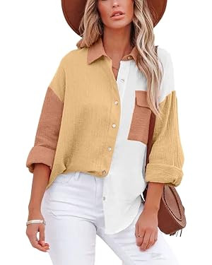 chouyatou Women's Color Block Long Sleeve Button Down Boyfriend Shirt Blouses | Amazon (US)