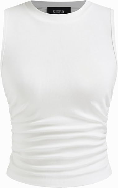CIDER Womens Tank Tops Sleeveless High Neck Ruched Crop Tops Going Out Casual Basic Ribbed Shirt ... | Amazon (US)