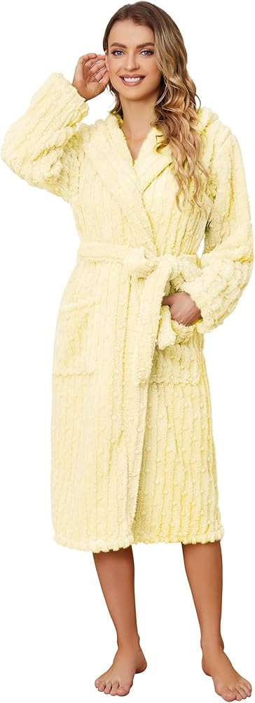 HEARTNICE Fuzzy Soft Robes for Women, Long Plush Hooded Robe Fluffy Warm Bathrobes | Amazon (US)