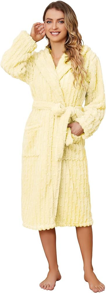 HEARTNICE Fuzzy Soft Robes for Women, Long Plush Hooded Robe Fluffy Warm Bathrobes | Amazon (US)