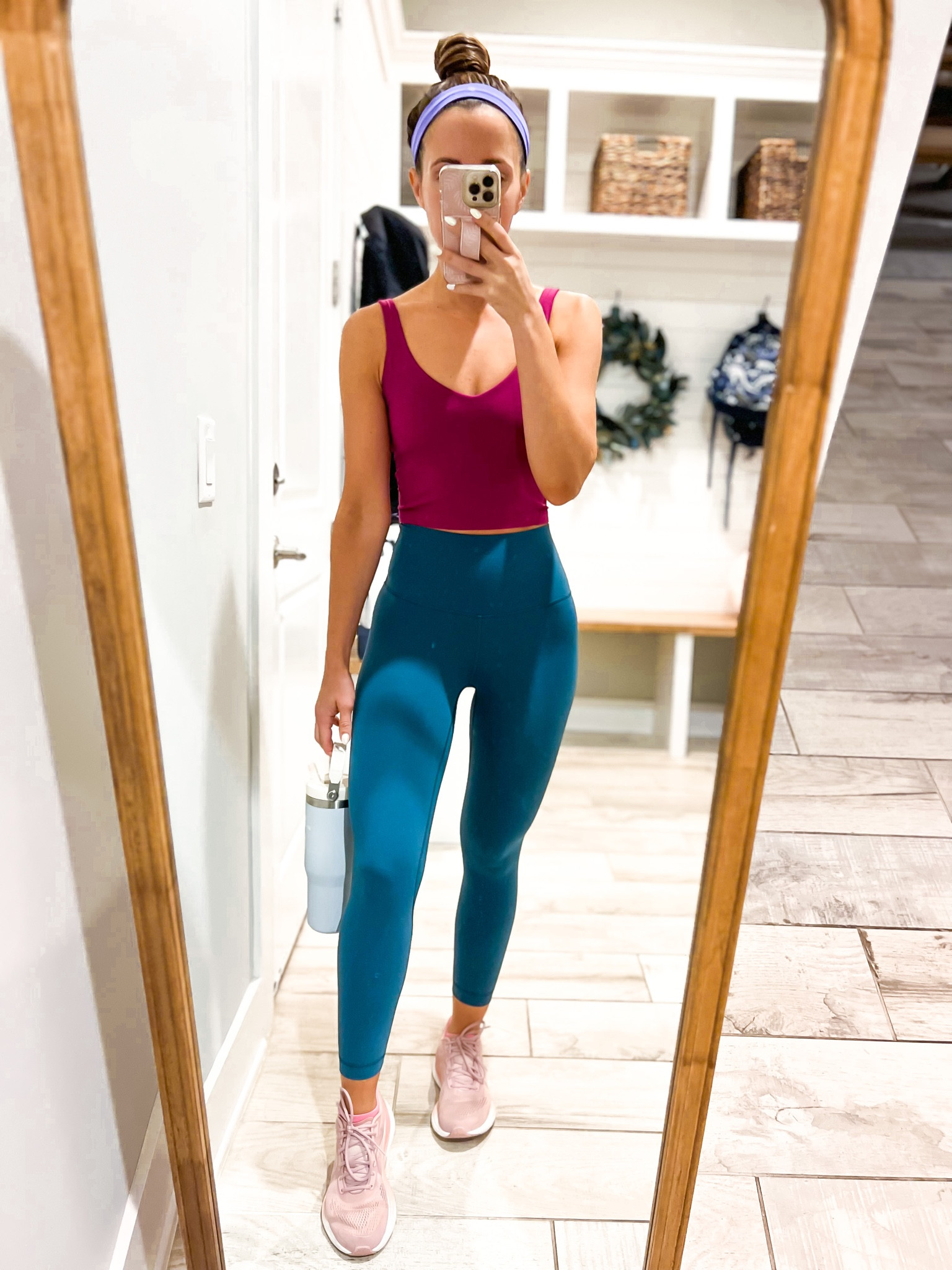 Lululemon aligns 23” (sz 0). Lululemon align top (sz 2). Lululemon running shoes (TTS). Lululemon headband. Workout outfit. Stanley ice flow. 

#LTKshoecrush #LTKunder50 #LTKfit