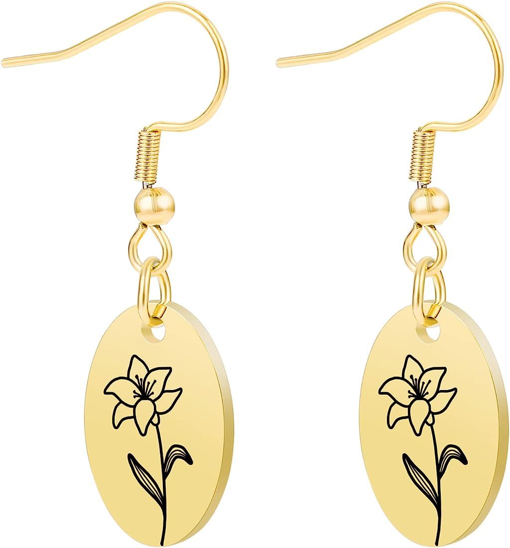 Amazon.com: Birth Flower Earrings 18K Gold, Engraved Birth Month Flower Dangle Earrings Dainty Mi... | Amazon (US)