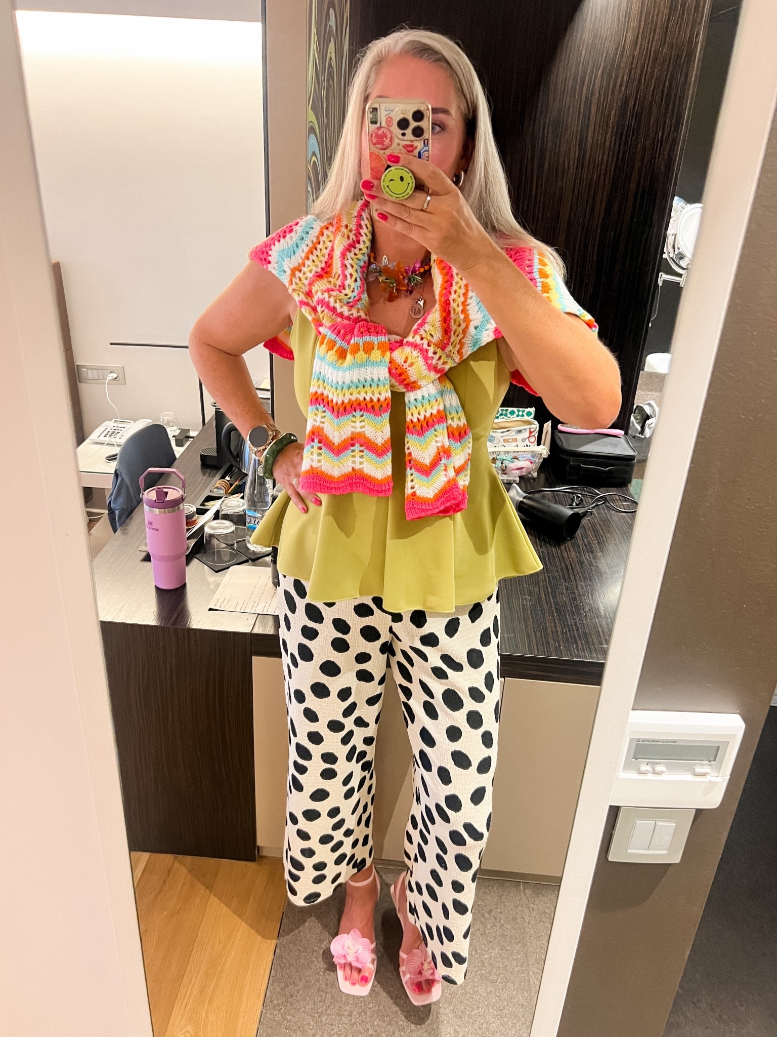 OOTN - Thursday. Chartreuse green peplum top (xl), statement necklace, multicolored jumper (L), polkadot trousers (tts, xxxx ), kitten heel sandals. 

#LTKnederlands #LTKtravel #LTKeurope
