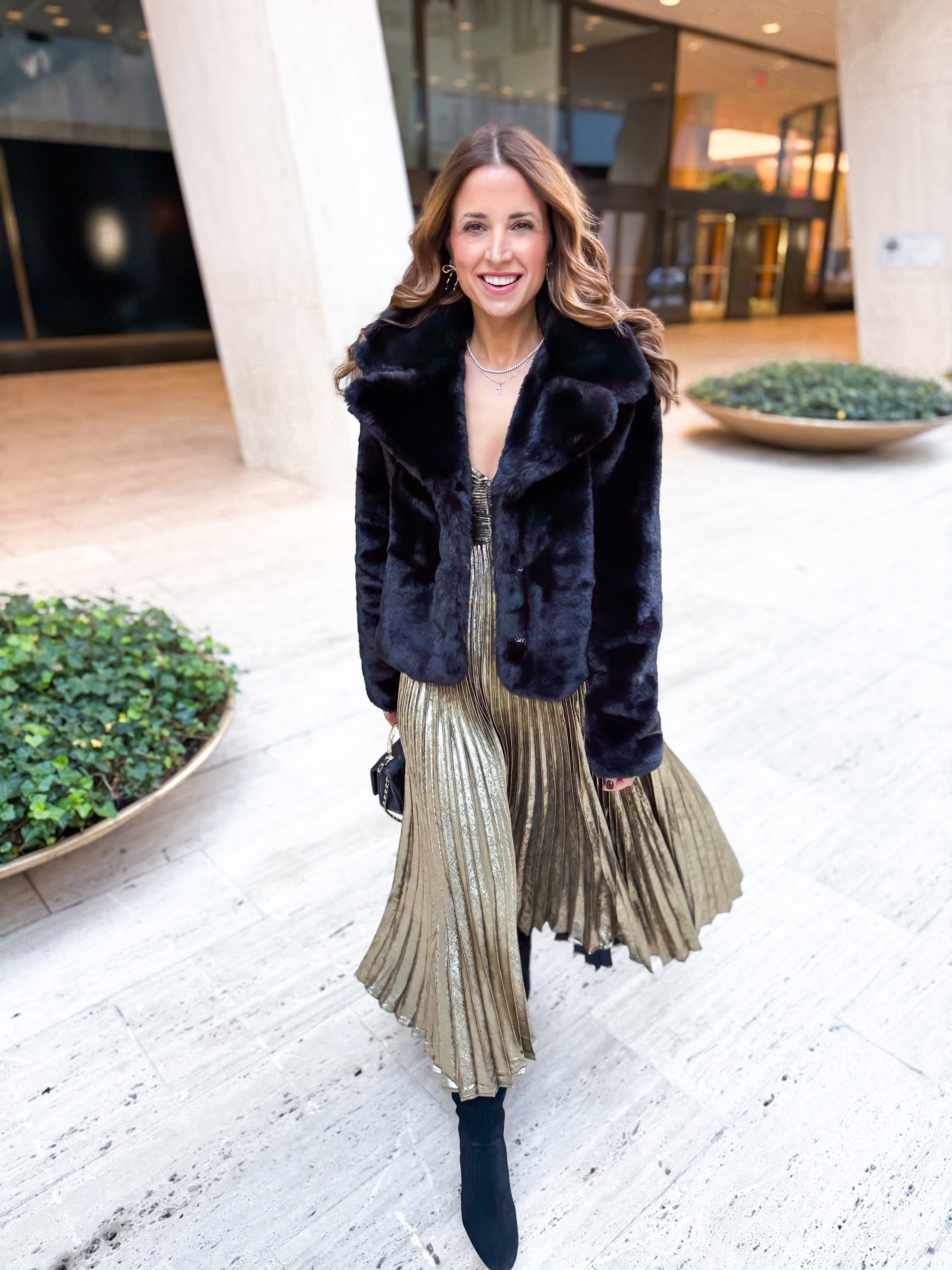 Party dress. Wedding guest dress. Sparkly dress. NYC broadway show outfit. NYE dress. Wedding guest dress. Holiday party outfit. Dress in XS. Faux fur coat in XS. Knee high boots - I went up half a size. #LTKParties 

#LTKCyberWeek #LTKootd #LTKWedding