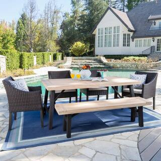 Noble House Stuart Brown 6-Piece Faux Rattan Outdoor Dining Set with Beige Cushions 24301 - The H... | The Home Depot