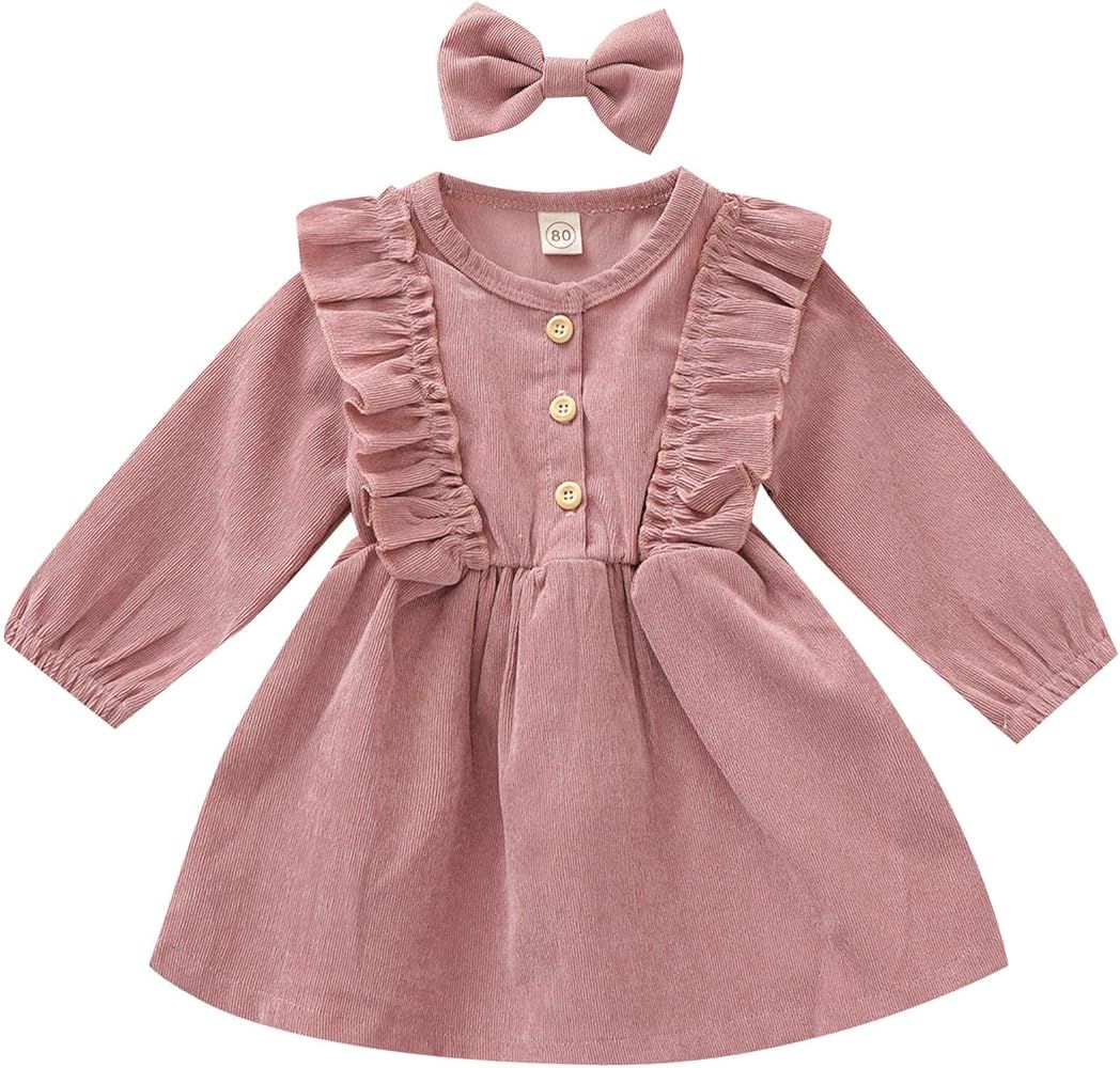 Karuedoo Kids Toddler Baby Girl Corduroy Ruffle Long Sleeve Dress Princess Party Dress Fall Winter S | Amazon (US)