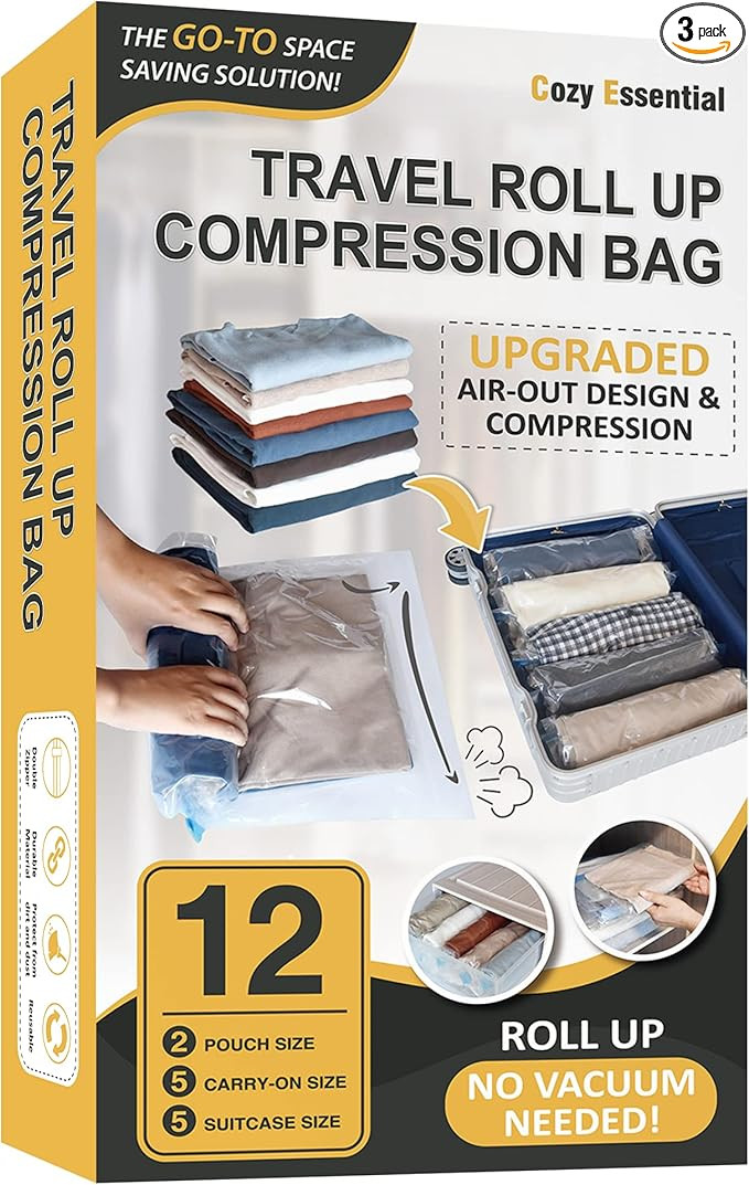 12 Travel Compression Bags Vacuum Packing, Roll Up Travel Space Saver Bags for Luggage, Cruise Sh... | Amazon (US)