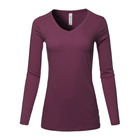 A2Y Women s Basic Solid Soft Cotton Long Sleeve V-neck Top T-shirt Dark Plum 3XL | Walmart (US)