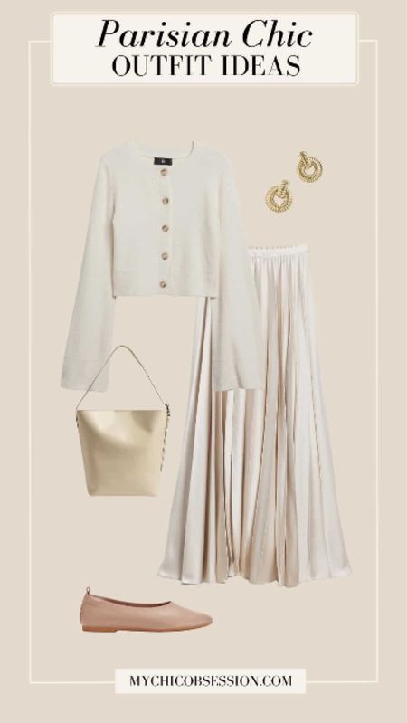Pleated midi skirts were popular in Paris, and are perfect for an occasion that calls for dressing up. Pair this silk style with a classic cardigan – the bell sleeves add a special touch of something unique. Complete your look with a leather bucket bag, a day flat, and gold earrings.

#LTKStyleTip #LTKSeasonal