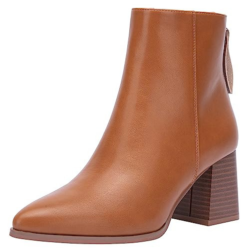 Jeossy Women's Brown Chunky Heeled Ankle Boots, Pointed Toe Stacked Block Heel 9635 Booties with Zipper Size 7.5 (DJY9635 Brown 07.5) | Amazon (US)