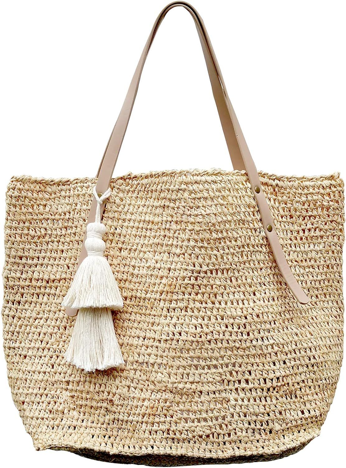 Straw Beach Bag Tote Leather Handles Shoulder Bag Women's (Natural/Natural) | Amazon (US)