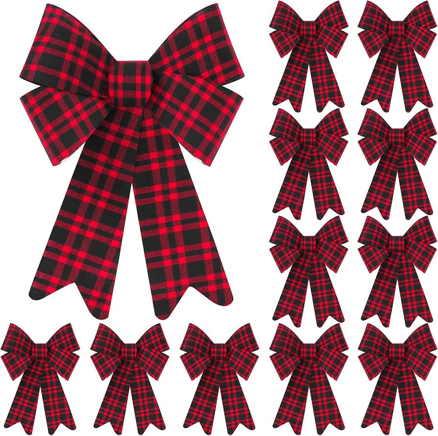 12 PCS Large Christmas Bows for Tree, 9x12 In Black Red Christmas Bows, Plastic Velvet Xmas Bows ... | Amazon (US)